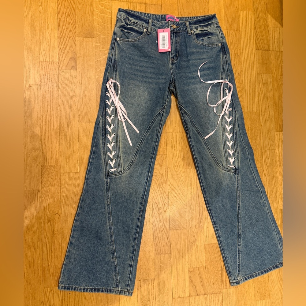 Edikted Blue Flare Jeans with White Lace-Up
